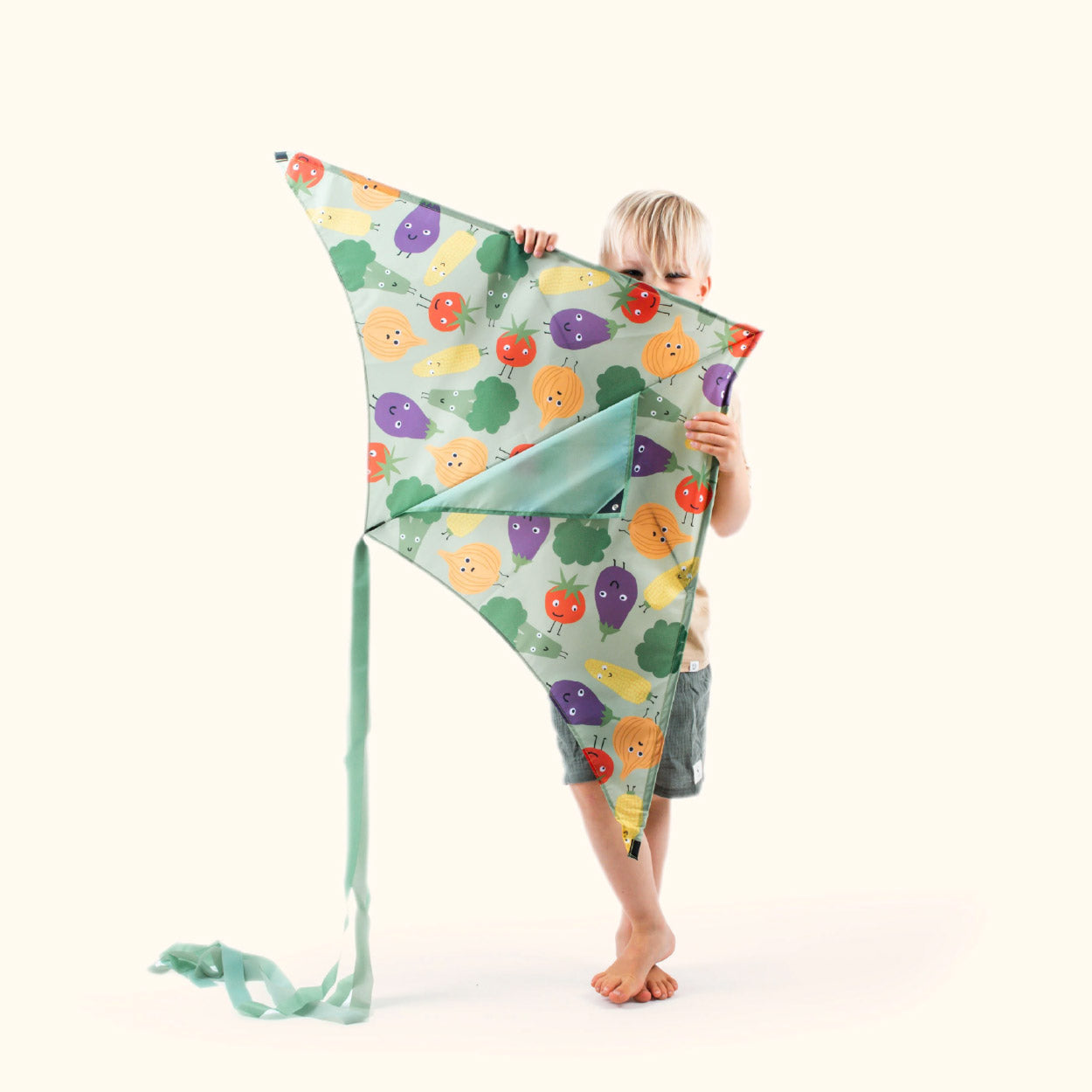 Boy hiding behind kite