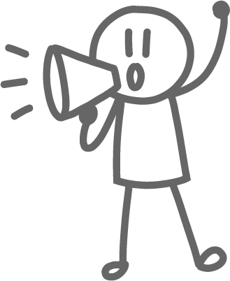 Simple line drawing of a person with a megaphone and arms raised on a white background